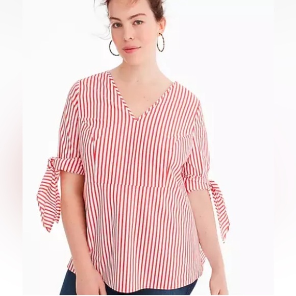 Universal Standard x J.Crew striped poplin tie-sleeve top blouse long sleeve bow - Picture 1 of 10
